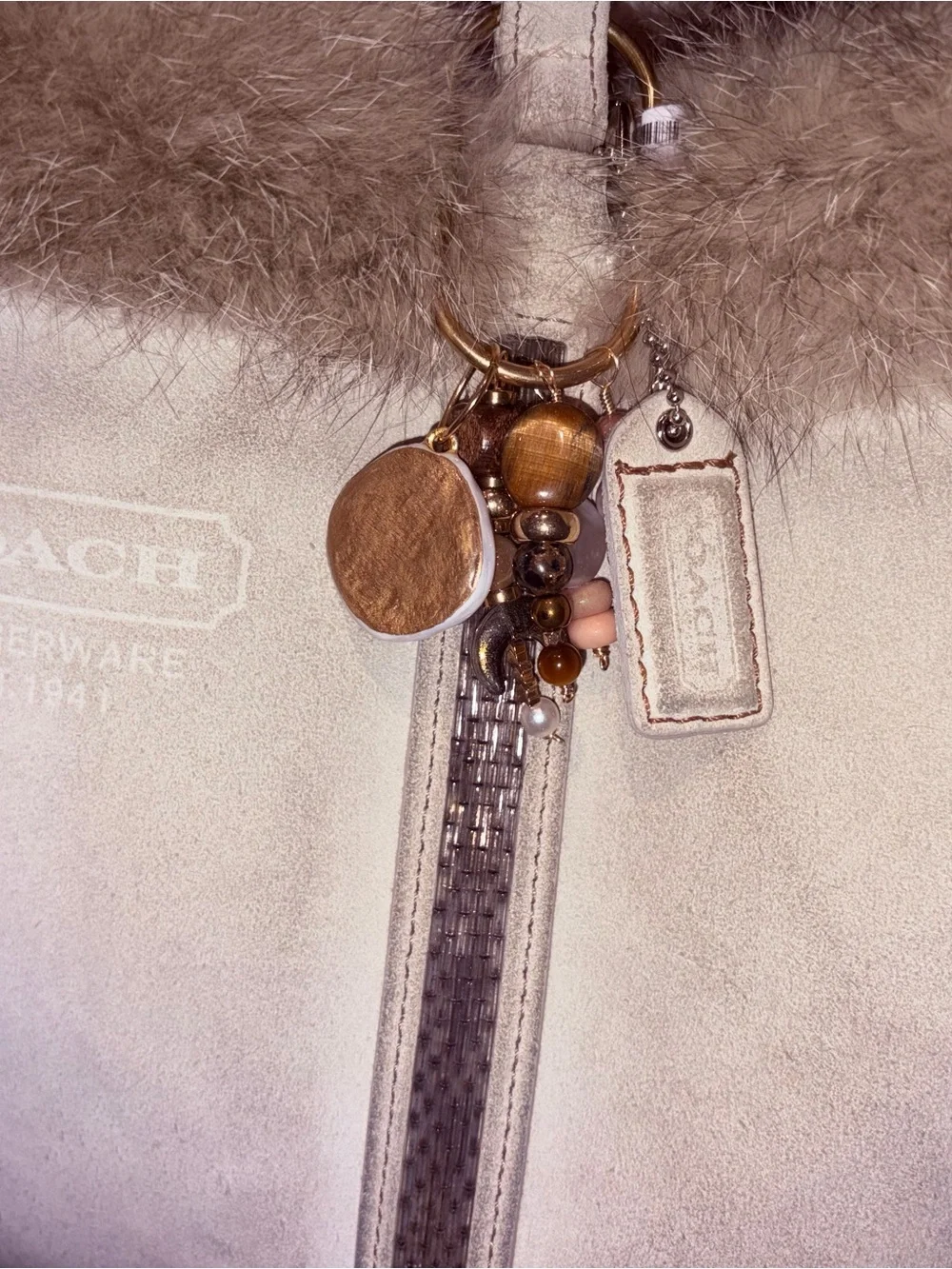 RARE Fox Fur Coach Beige Suede Fur-Trim Shoulder Bag with Pink & Lime Charm
